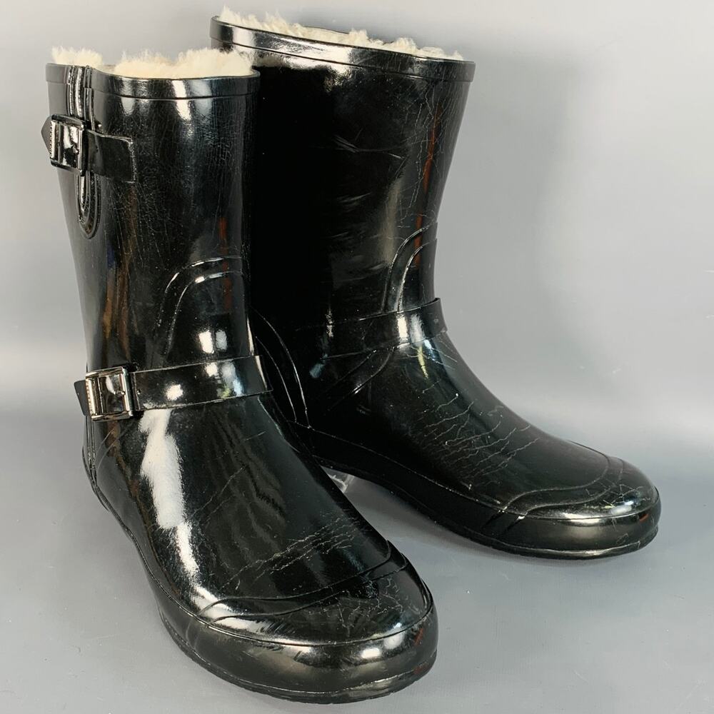 BURBERRY Size 10 Black Rubber Shearling Lined Rain Boots
